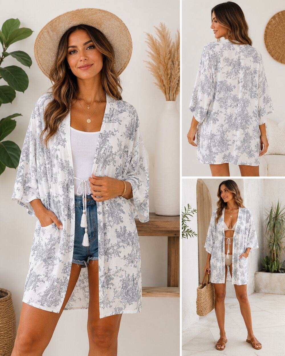 🆕Sunset & Harper LA Kimono Cover Up LG White Gray Toile Print Tassel Tie NWT